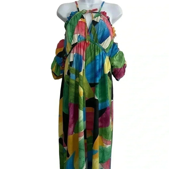 H&M Floral Puff Sleeve Maxi Dress Off-Shoulder Green Linen Blend Cottagecore M - Picture 11 of 11